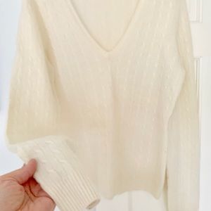 JCrew ivory cashmere cable v neck sweater